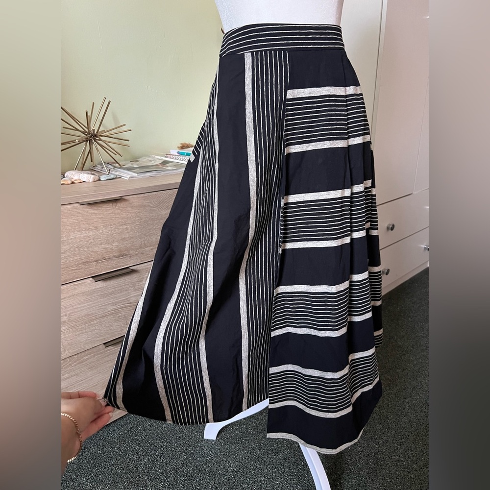 VINTAGE ANTHROPOLOGY Black White Stripe 100% Cotton Midi Modest High-Waist Skirt